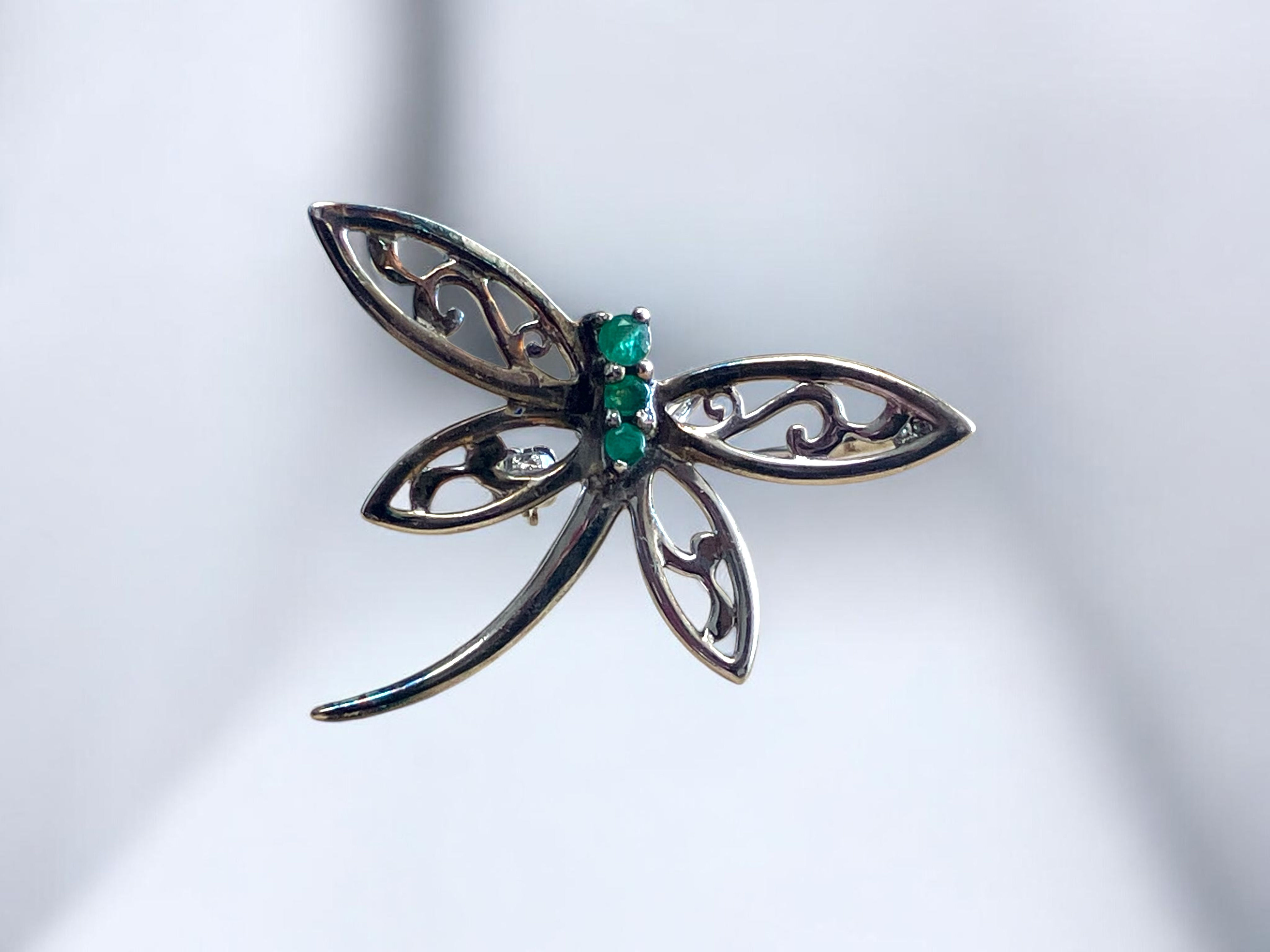 Vintage Emerald Filigree Dragonfly Sterling Silver Brooch Pendant