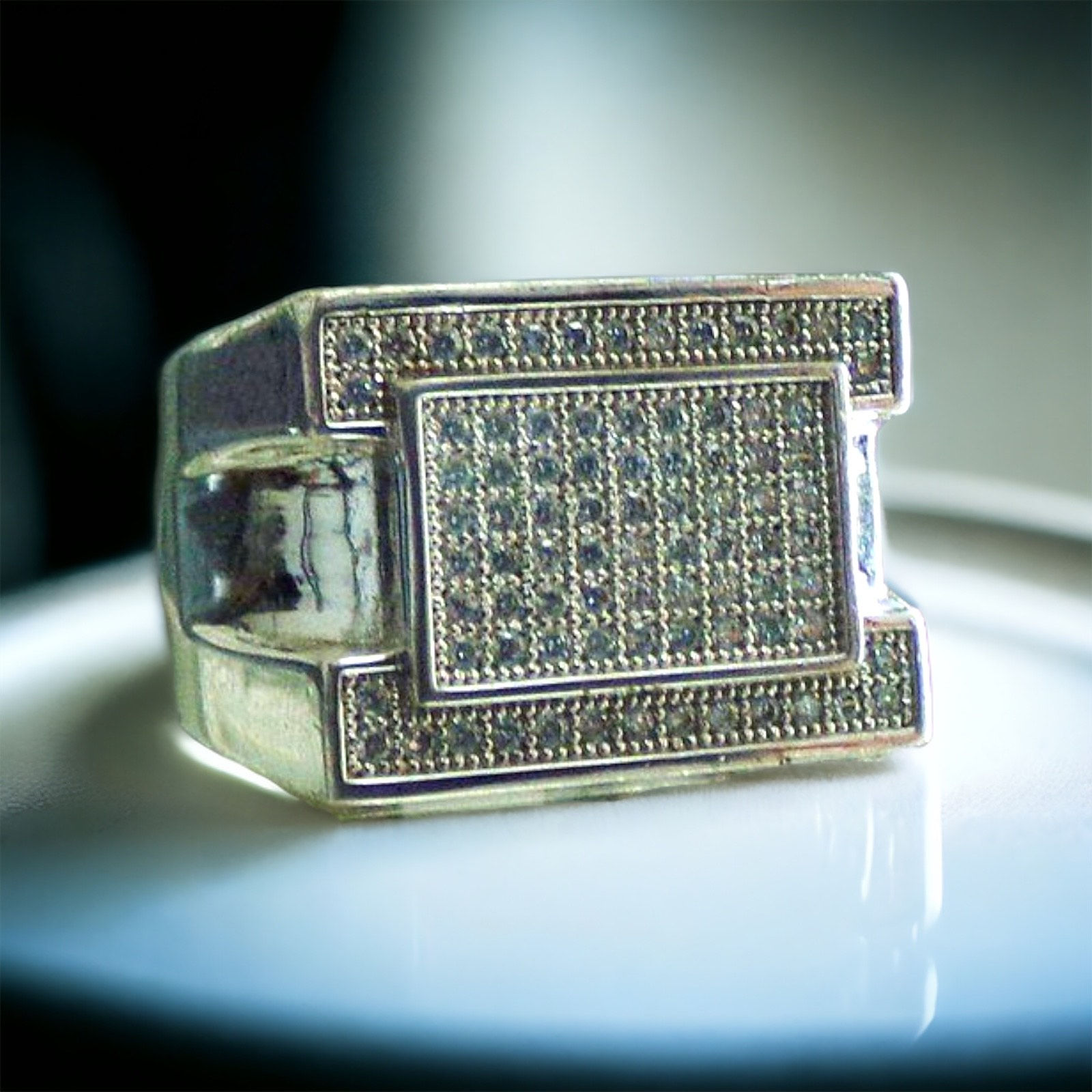 Men's Sterling Silver Pave Diamond Rectangle Ring