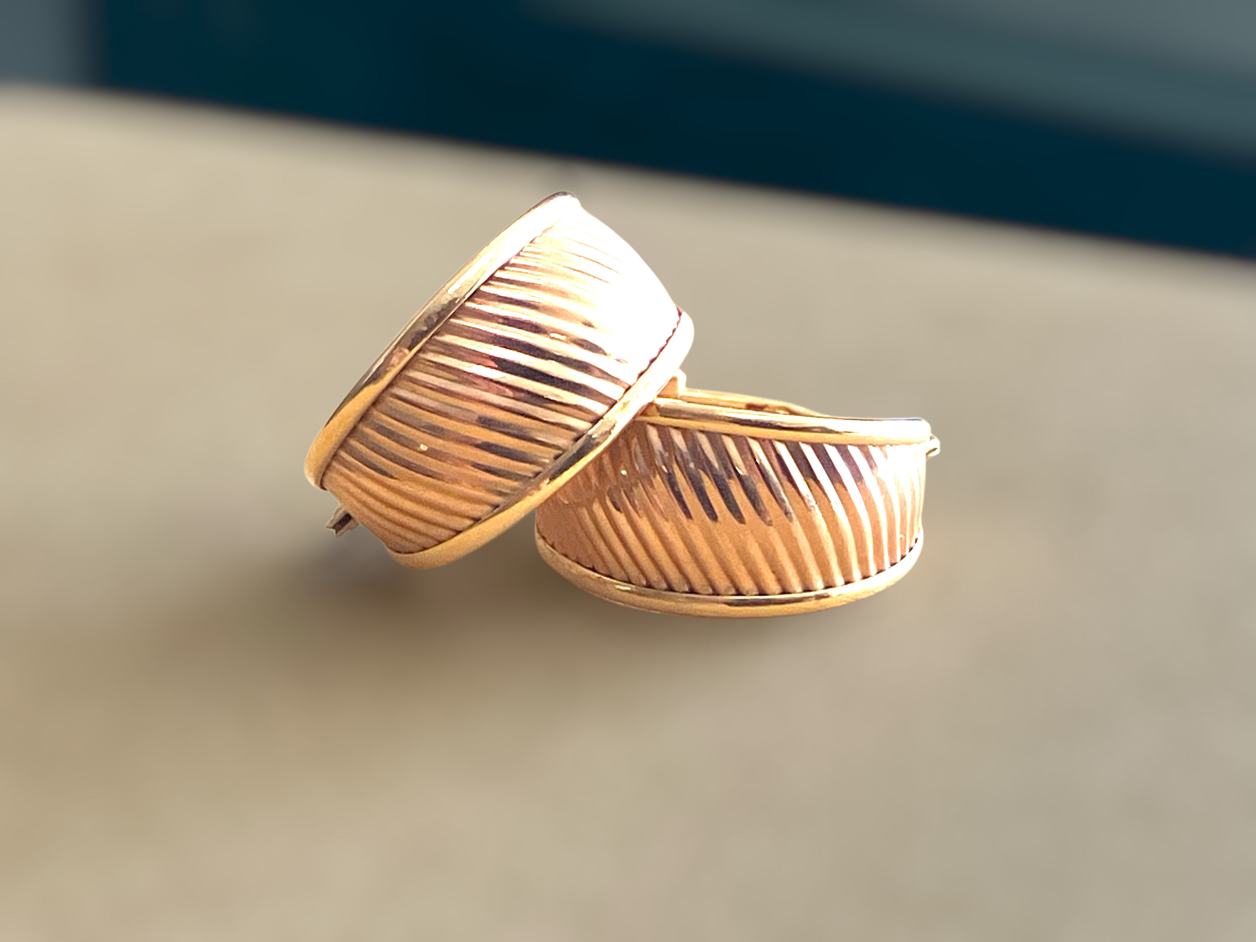 14K Two Tone Gold Ribbed Wide Bottom Huggie Hoop Earrings