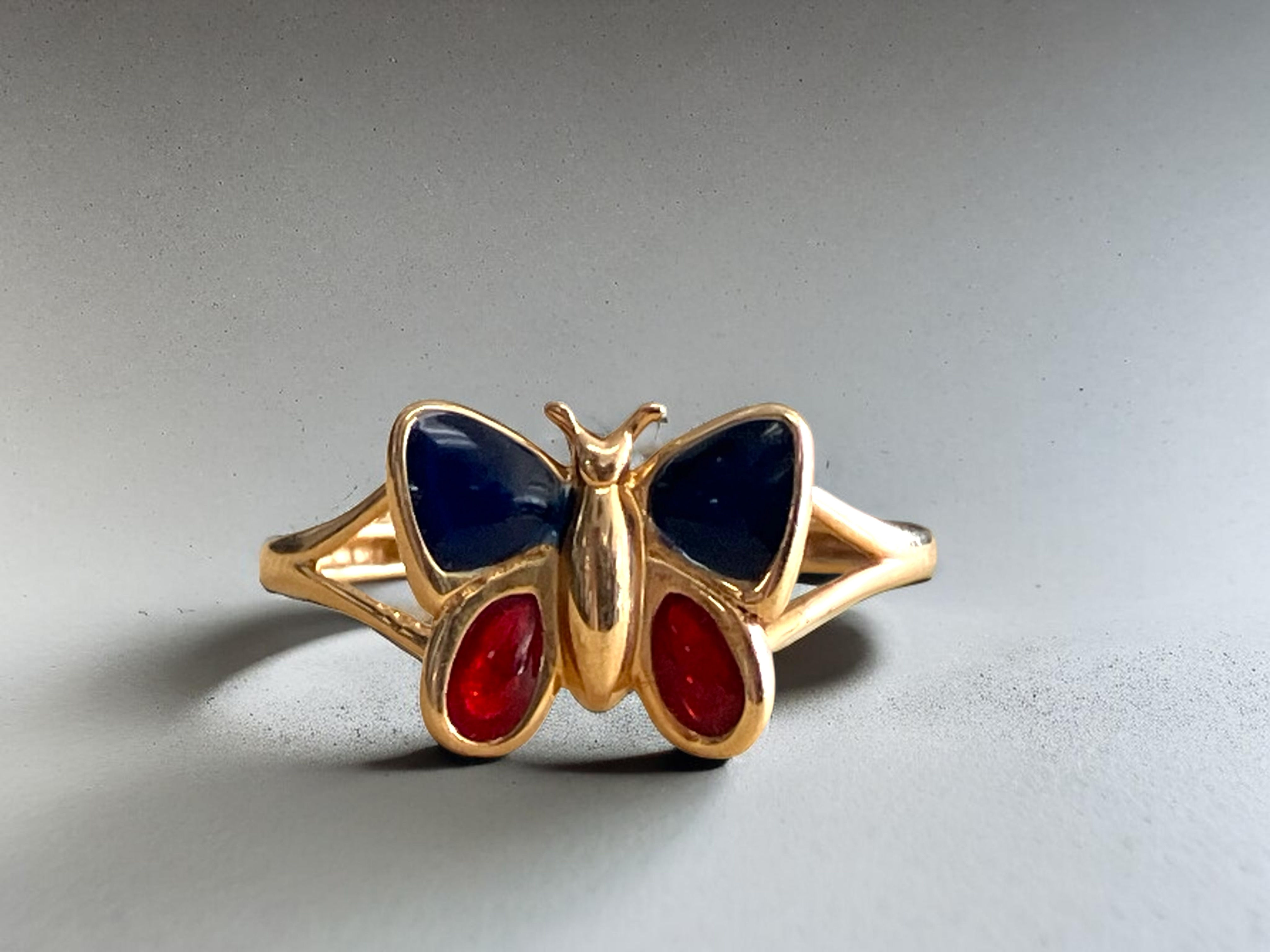 14K Yellow Gold Red and Blue Enamel Butterfly Ring