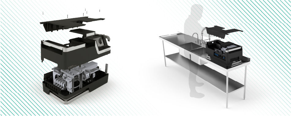 Exploded view of a black countertop appliance on a stainless sink table, with a gray user silhouette.