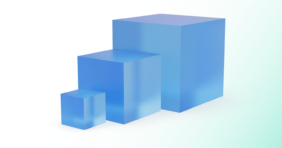 Three translucent blue 3D blocks rise like a bar chart on a white and pale mint background.