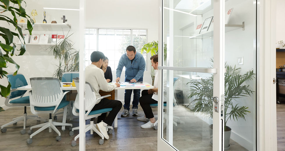 Four people collaborate at a table in a bright office with plants and awards. A person stands, pointing at documents. Calm mood.