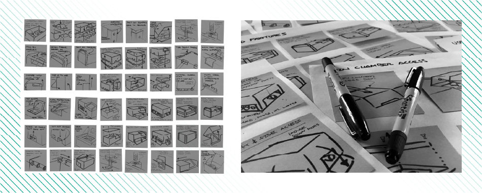 Hand-drawn design sketches on post-its, with two pens on a desk.