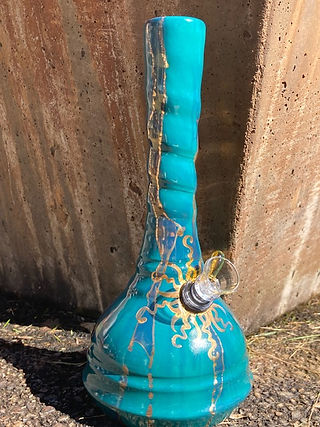 Ancient Creations Ceramics large wheel thrown water pipe in teal, with gold sunshine design around the bowl.