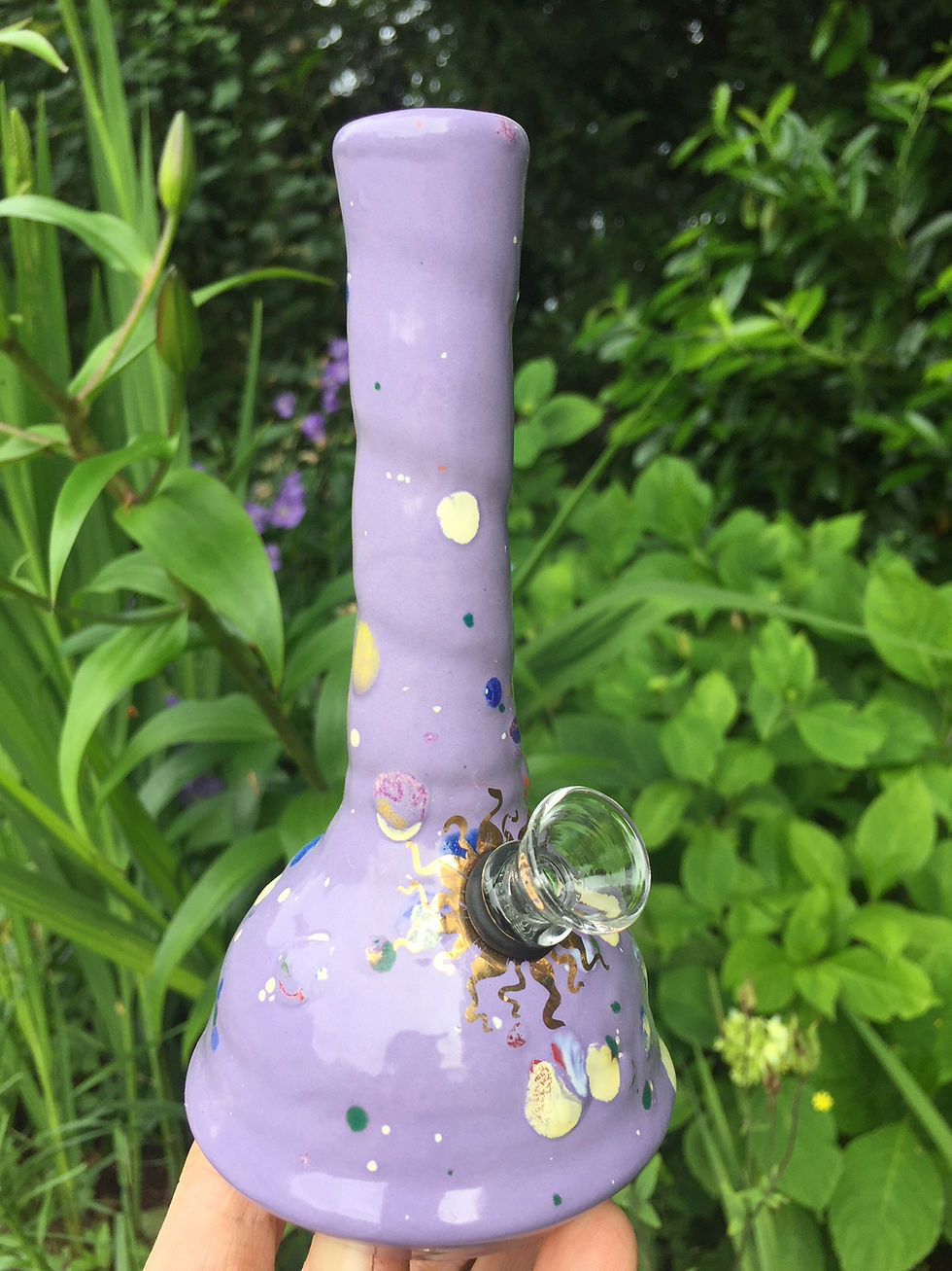 Ancient Creations Ceramic Bubbler with glass bowl in orchid with crystal glazes