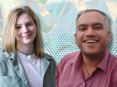 A collage of Erin Drekker and Pranav Sethi against a graphic green dot and pastel foil backgroun.