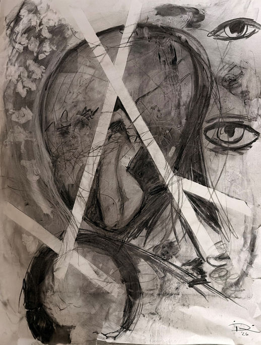 Black and white charcoal drawing of a fragmented human figure. Diagonal crossing lines cut through the body, while eyes appear around the turned away face. The surface is rough suggesting interruption and internal tension.