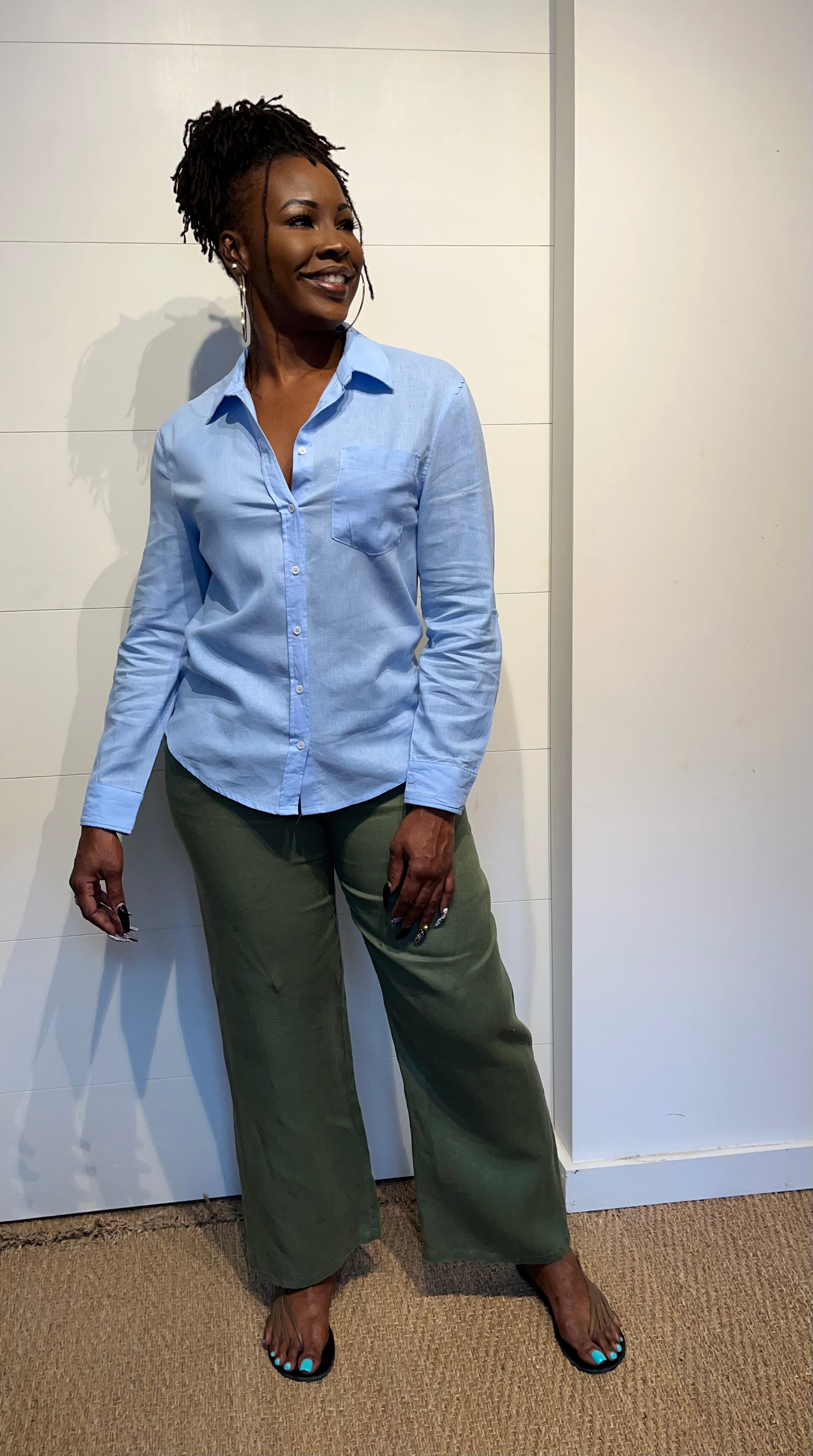 Linen Buttoned Down Tops (Baby Blue)