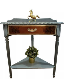 Blue Painted Corner Console / telephone table with shelf & pull out drawer