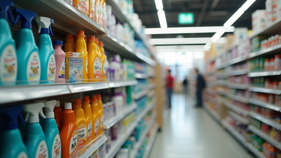 Close-up view of express store shelves with popular household products
