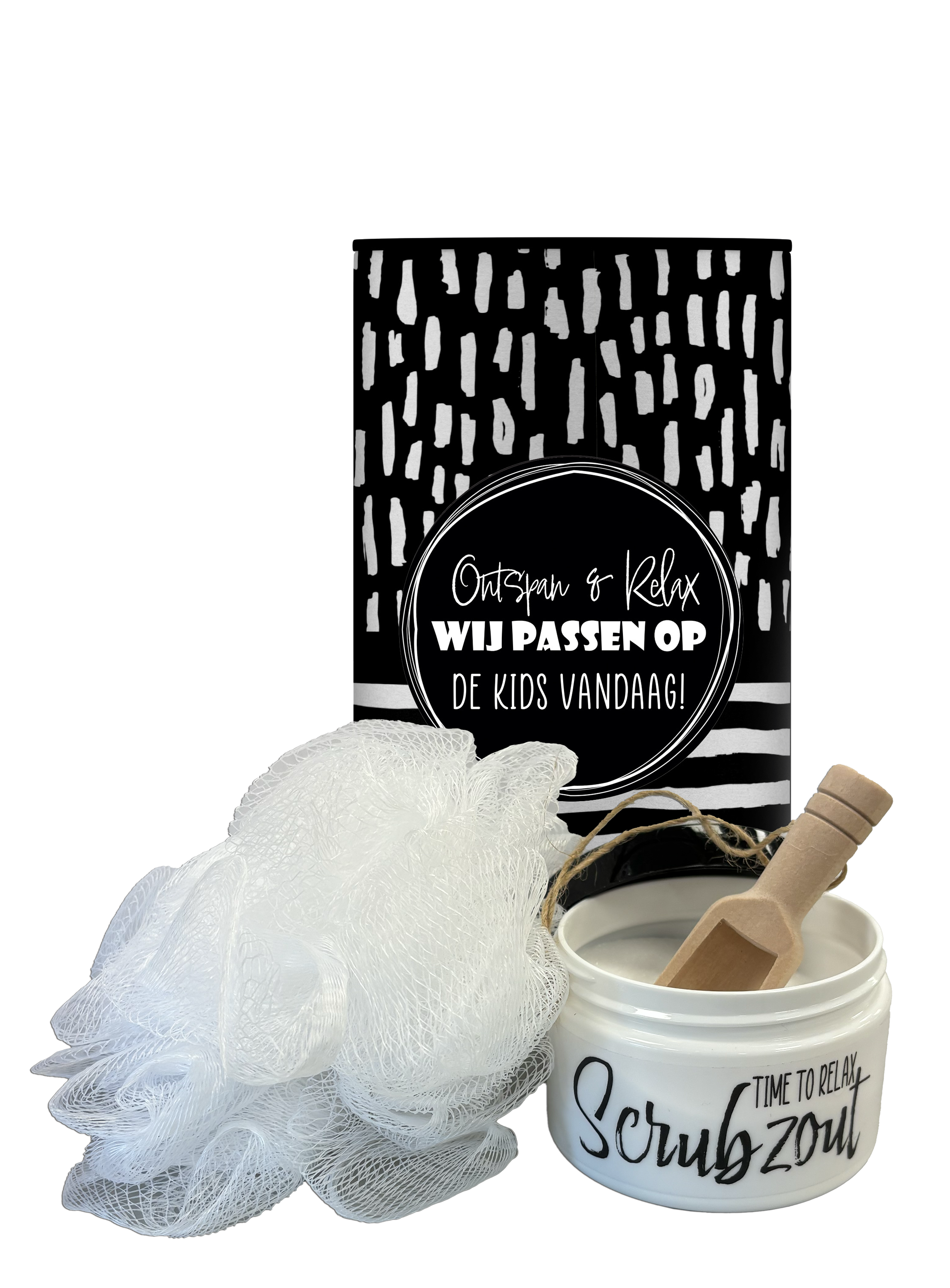 Koker Scrubzout met badspons en schepje – Wij passen op de kids vandaag