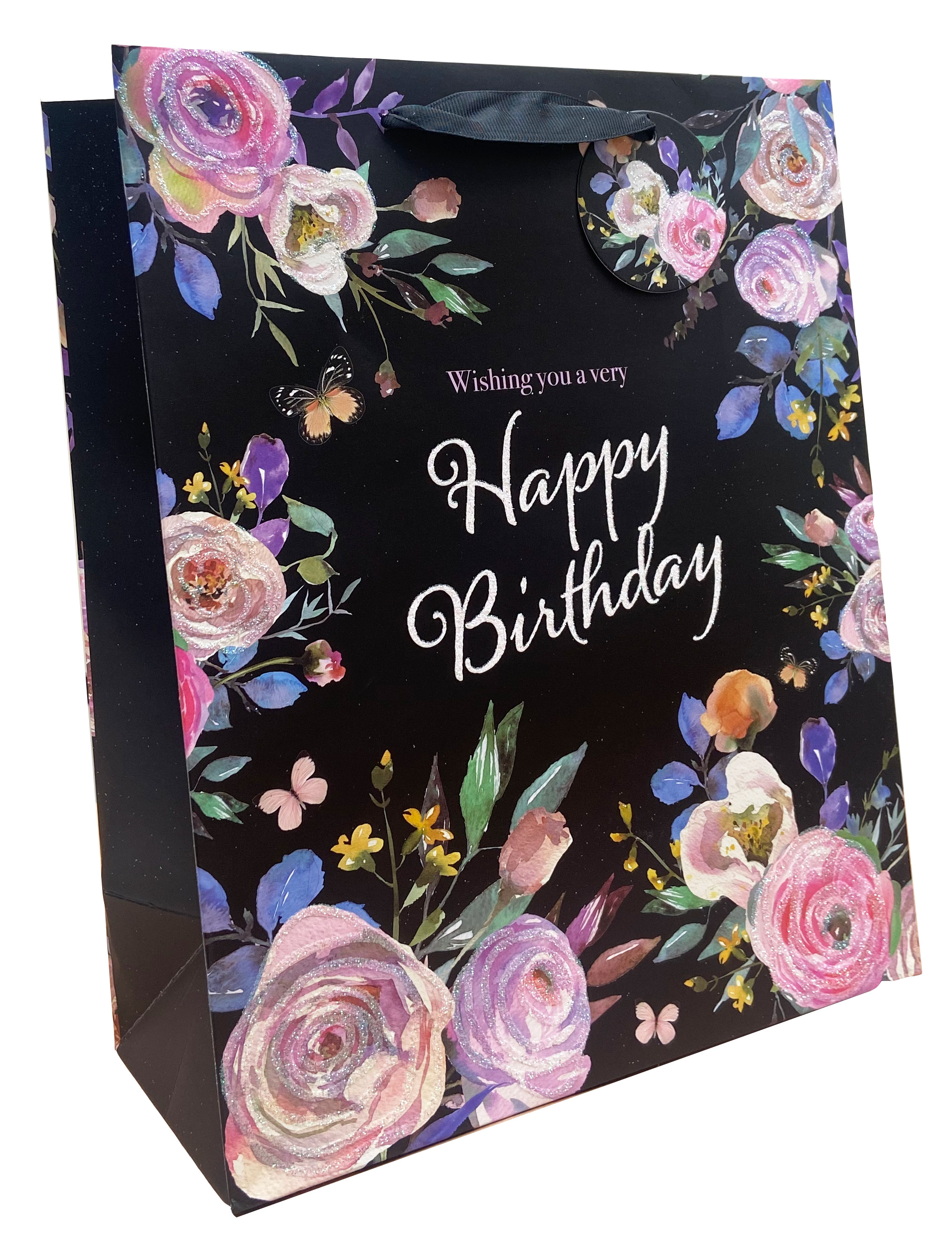 Geschenktassen - Large Bag Black Floral (Verpakt per 12)