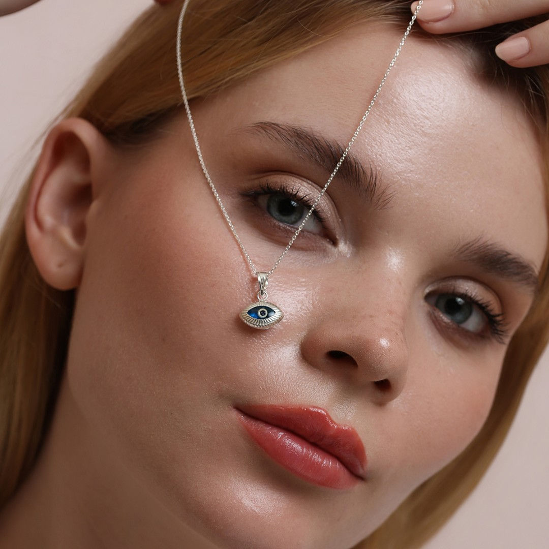 Mavi Göz Boncuklu Nazar Gümüş Kolye