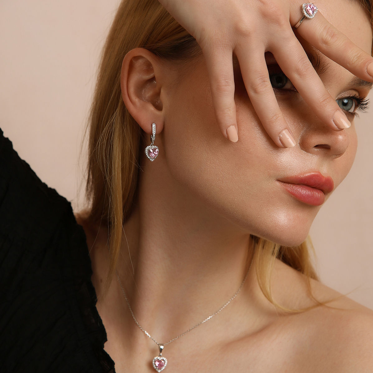 Pembe Taşlı Kalp Model Taşlı Kadın Takı Set