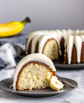 slice bundt cake with lots of cream cheese frosting and bananas in the background.jpg