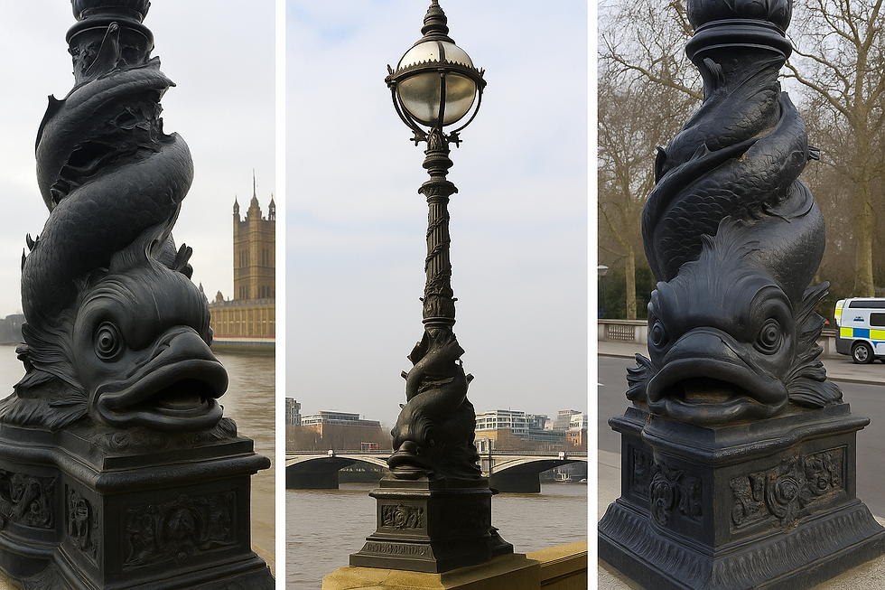 Collage of sea creature lamp post sculptures from London, Paris, and Glasgow with similar heraldic styling.