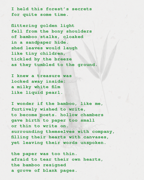 I held this forest’s secrets for quite some time.  flittering golden light fell from the bony shoulders of bamboo stalks, cloaked in a sandpaper hide. shed leaves would laugh like tiny children, tickled by the breeze as they tumbled to the ground.  I knew a treasure was locked away inside: a milky white film like liquid pearl.   I wonder if the bamboo, like me, furtively wished to write, to become poets. hollow chambers  gave birth to paper too small  or thin to write on. surrounding themselves with company, filling their hearts with canvases, yet leaving their words unspoken.  the paper was too thin. afraid to tear their own hearts, the bamboo resigned a grove of blank pages.