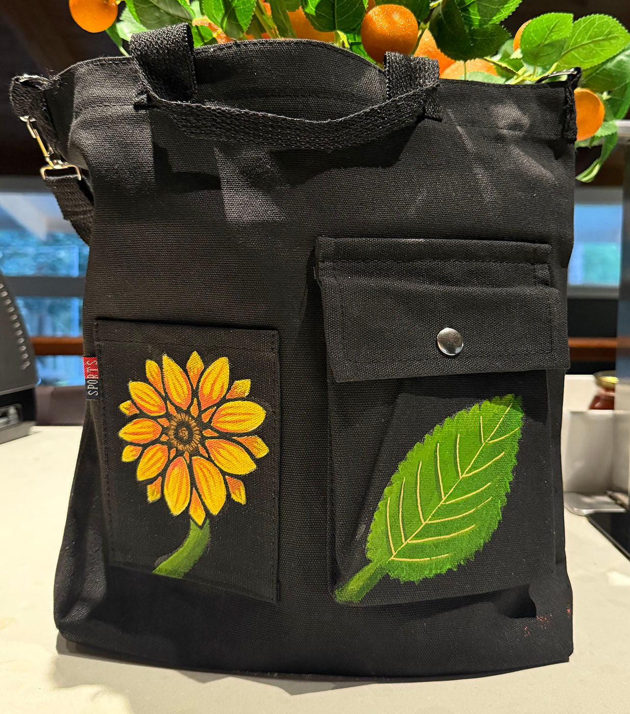 Handpainted Sunflower2 Crossbody Canvas Bag with Pockets 