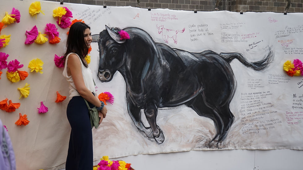 Artista interactuando arte del toro decorado con papel de colores frente a la Catedral de Puebla.
