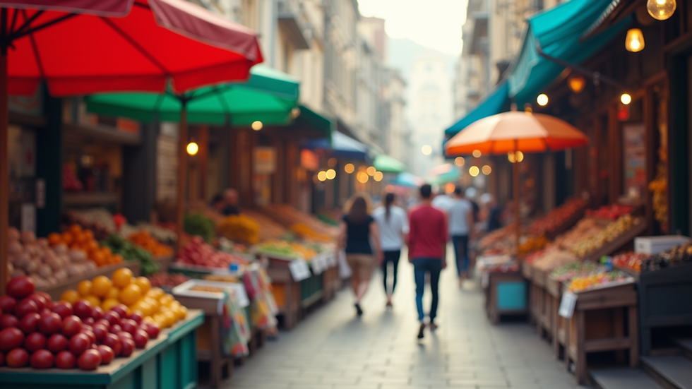 Eye-level view of a vibrant outdoor market with colorful stalls