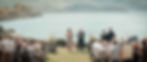 Outdoor wedding with guests seated on a grassy hill overlooking a lake. A celebrant in floral dress stands beside a groom checking his watch.