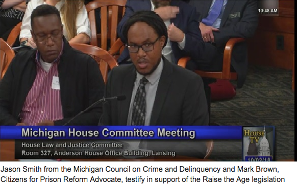 Jason Smith from the Michigan Council on Crime and Delinquency and Mark Brown, Citizen's for Prison Reform Advocate, testify in support of the Raise the Age legislation