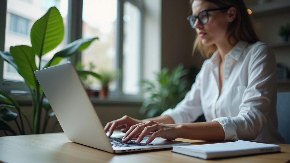 Eye-level view of a virtual assistant working on a laptop