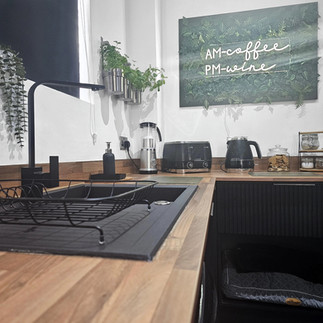 Close up of the matte black composite sink and complimentary square, black tap with gorgeous live wall in the background