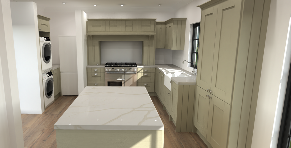 Sage Green Kitchen Design with Mantle and Tall Storage Pantry