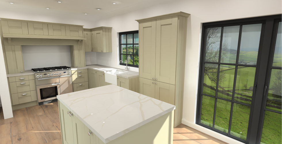 Real Sage Green Kitchen Design with Mantle