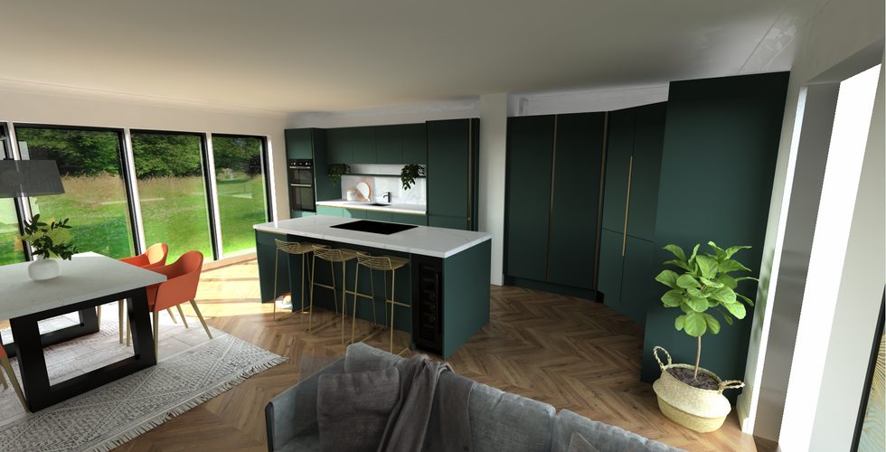 Ultra Modern Green Handleless Kitchen with Gold Accents and Walk In Larder Storage