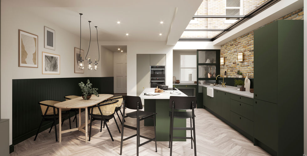 Modern Two Tone Grey and Green Handleless Kitchen with Utility