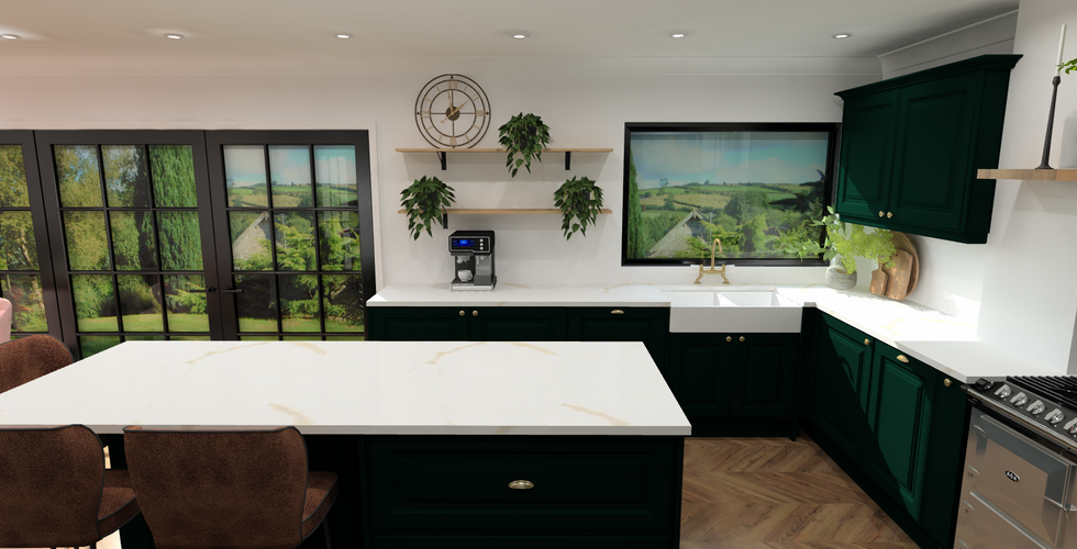 Kitchen Design of a Dark Fir Green Traditional Style Kitchen with Belfast Sink and Shelves