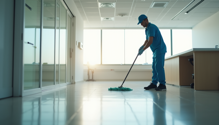 Eye-level view of a janitor cleaning an office floor with a mop in a bright room