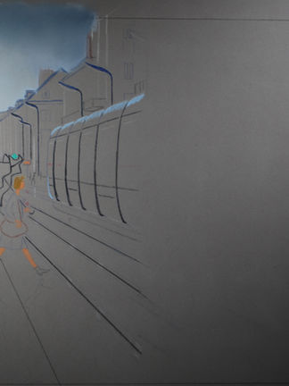 Pas à pas au pastel d'une vue du tramway, rue Nationale à Tours : "Brèves Rencontres"