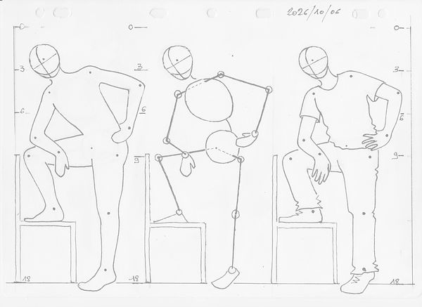 Croquis de trois personnages debouts de 3/4 le pied droit posé sur une chaise. Acoudés sur leur cuisse droite.