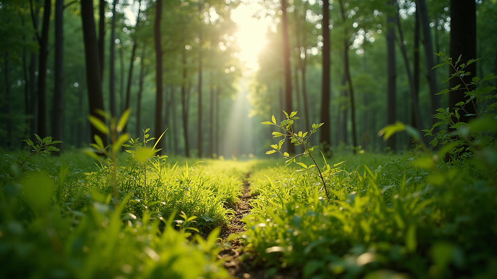 Eye-level view of a lush green forest with sunlight filtering through the trees