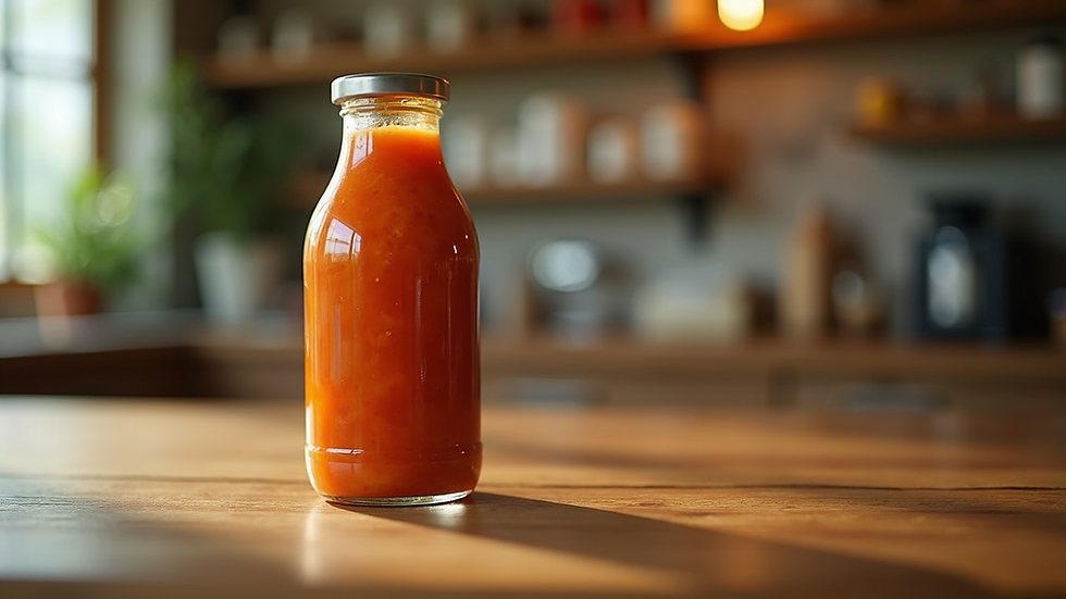 Eye-level view of a colorful sauce bottle on a wooden table
