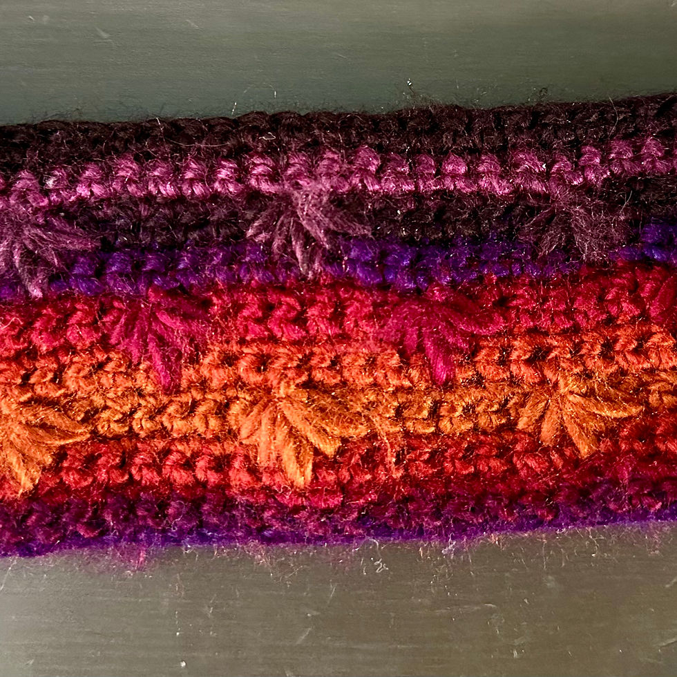 High angle view of finished crochet headband laid flat on a wooden surface