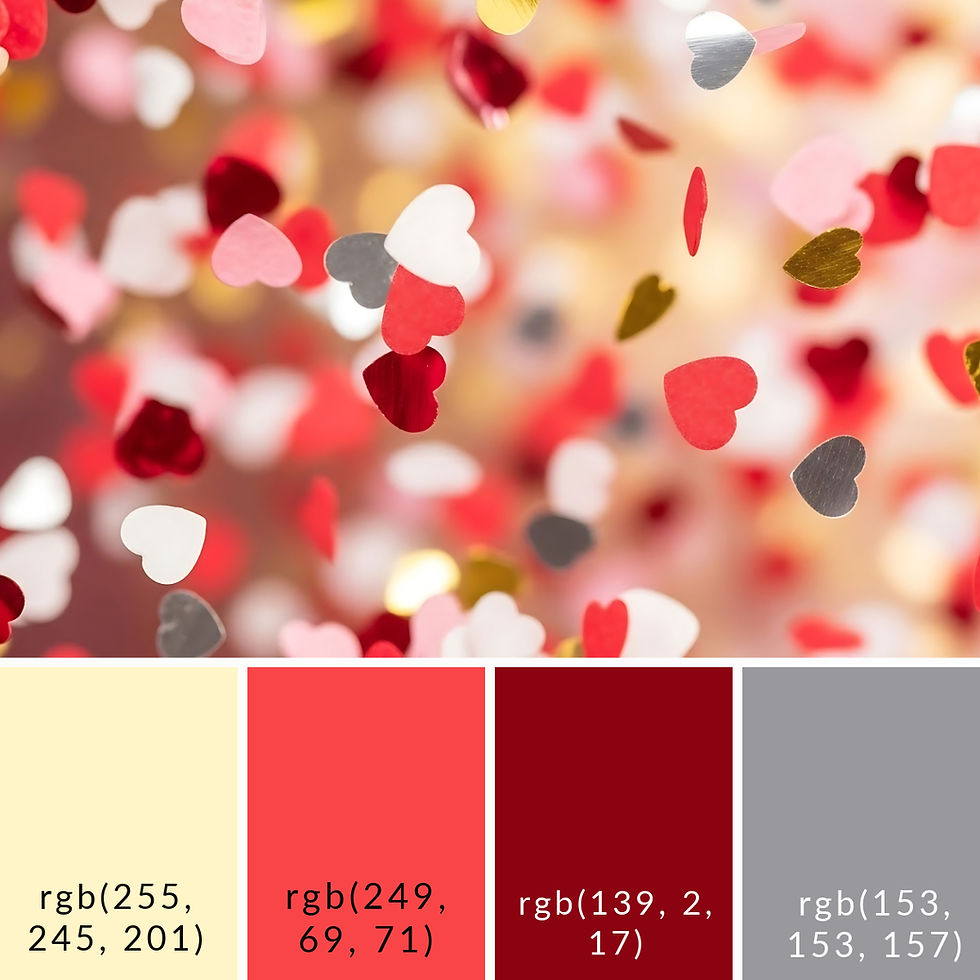 A picture of falling heart shaped confetti with RGB codes for the color palette