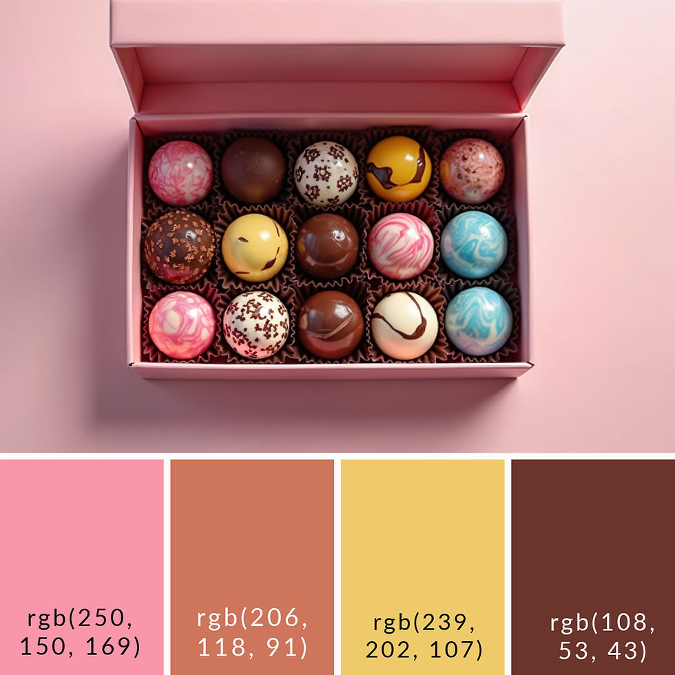 A color palette inspired by the pictured box of chocolates. The color palette includes RGB codes for the featured colors.