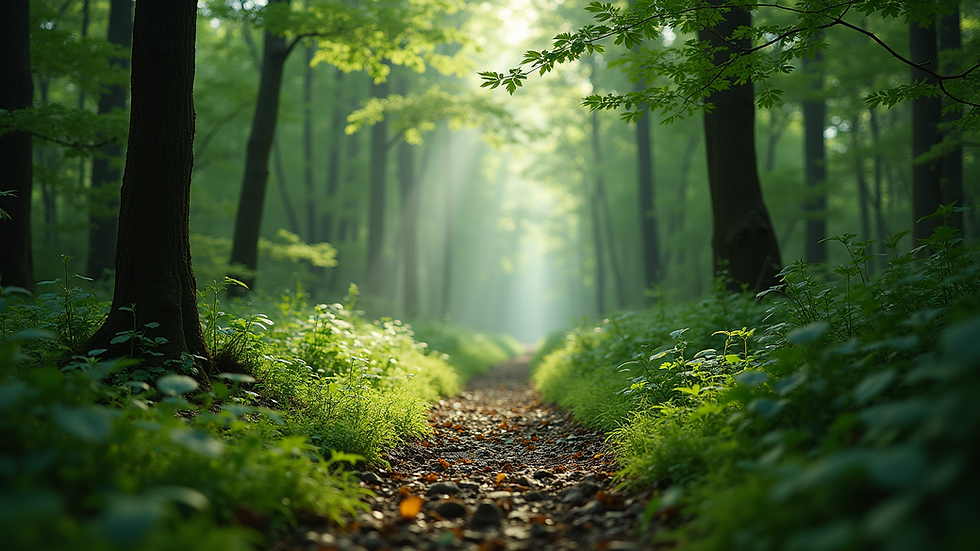 Wide angle view of a lush green forest