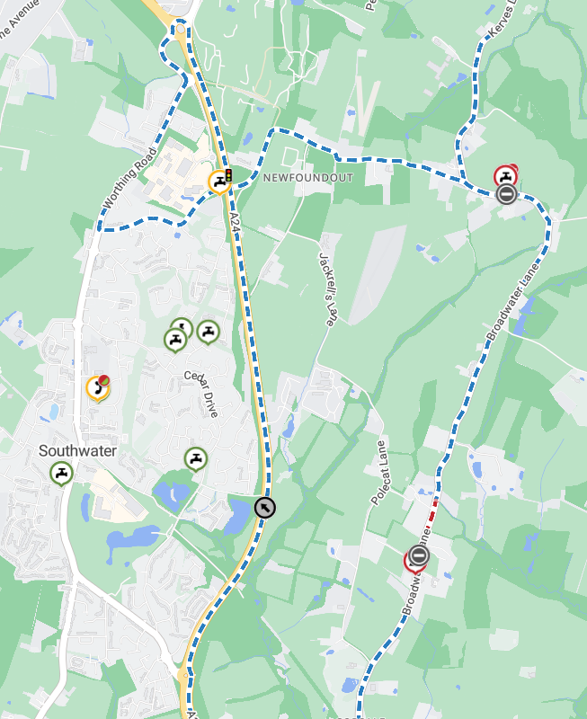 map showing upcoming roadworks in Southwater