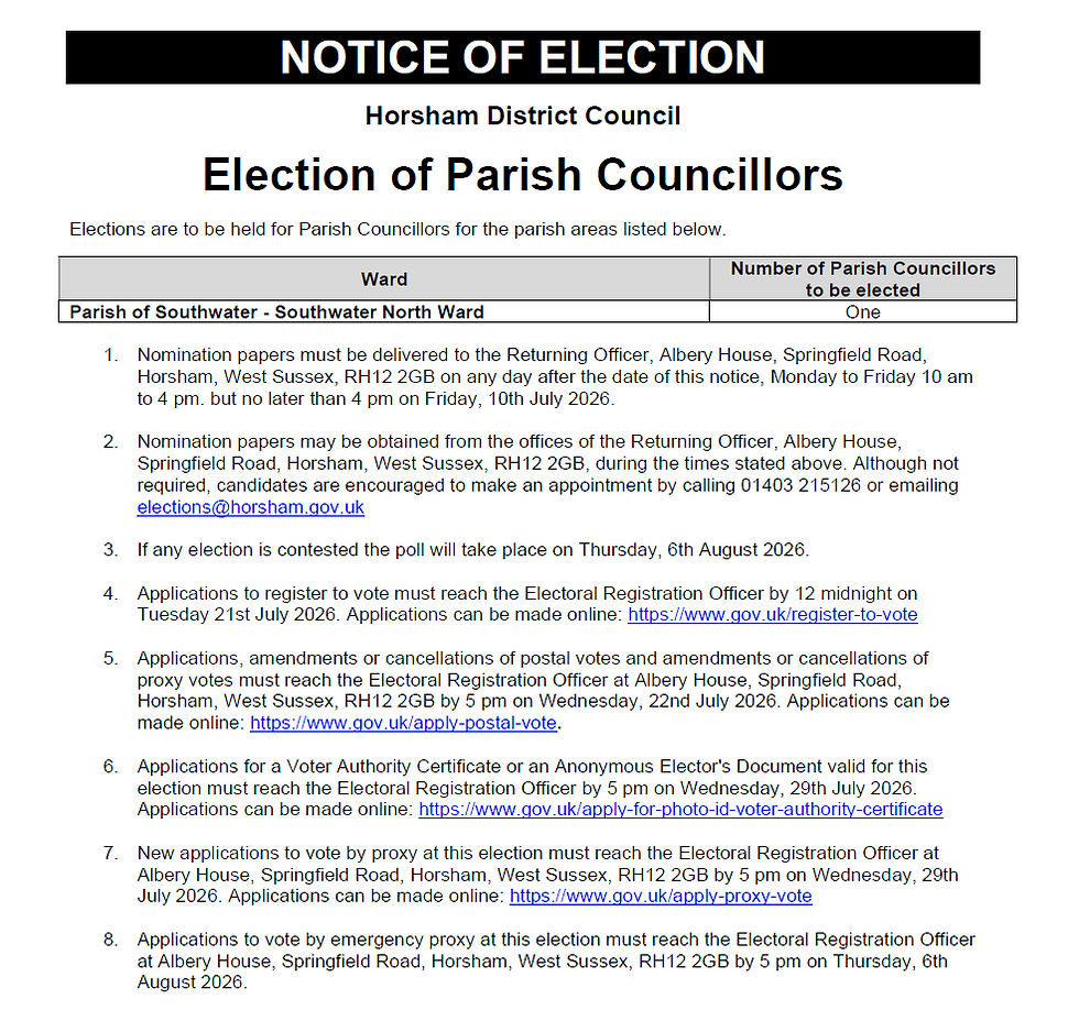 Notice of Election for Parish Councillors in Horsham. Includes nomination details, deadlines, and contact info. Text boxes, black header.