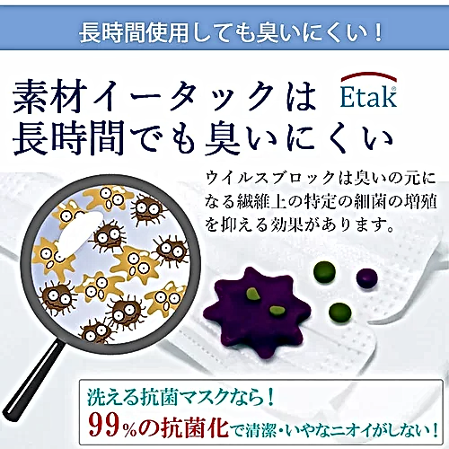 抗ウイルス機能繊維素材(クラボウ、クレンゼ)と広島大学イータックで除菌効果。50回洗濯可能な抗ウイルス素材で地球にやさしいエコなマスク。息苦しくない。臭くならない。洗って使えるウイルス対応マスク。