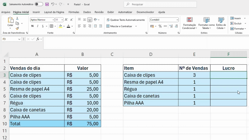 GIF Demonstrando como utilizar a função SOMA no Excel com células não-sequenciais.