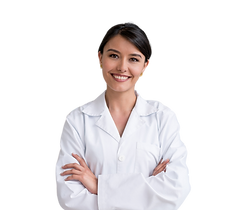 Uma auxiliar de farmácia sorrindo.   