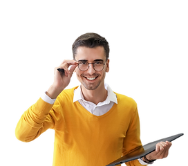 Designer Gráfico segurando um tablet. 