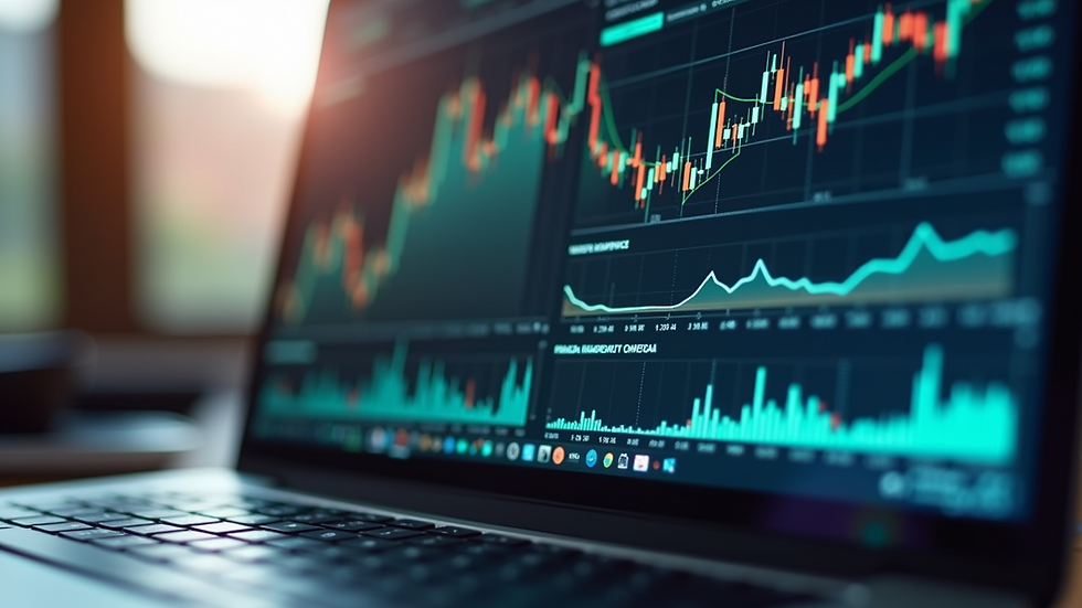 Close-up view of a laptop screen showing financial graphs and charts